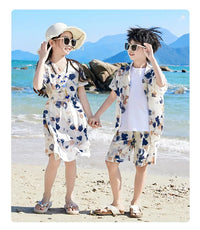 2024 Summer Holiday Family Vacation Look Clothes Dad and Son Shirts Two Piece Outfits Sets Mom and Daughter Short Sleeve Dress