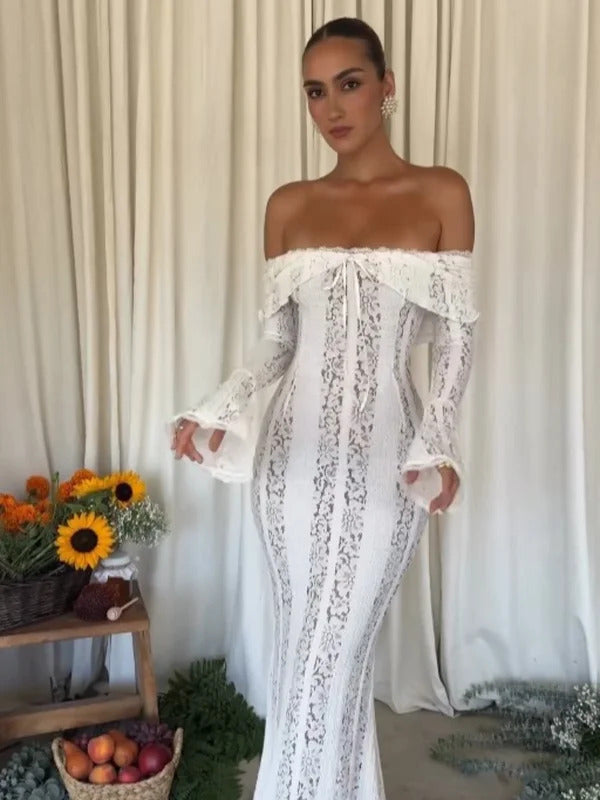 White Floral Lace Off-shoulder Maxi Dress For Women Elegant Strapless Backless Long Sleeve Bodycon Robes 2024 Lady Party Dresses