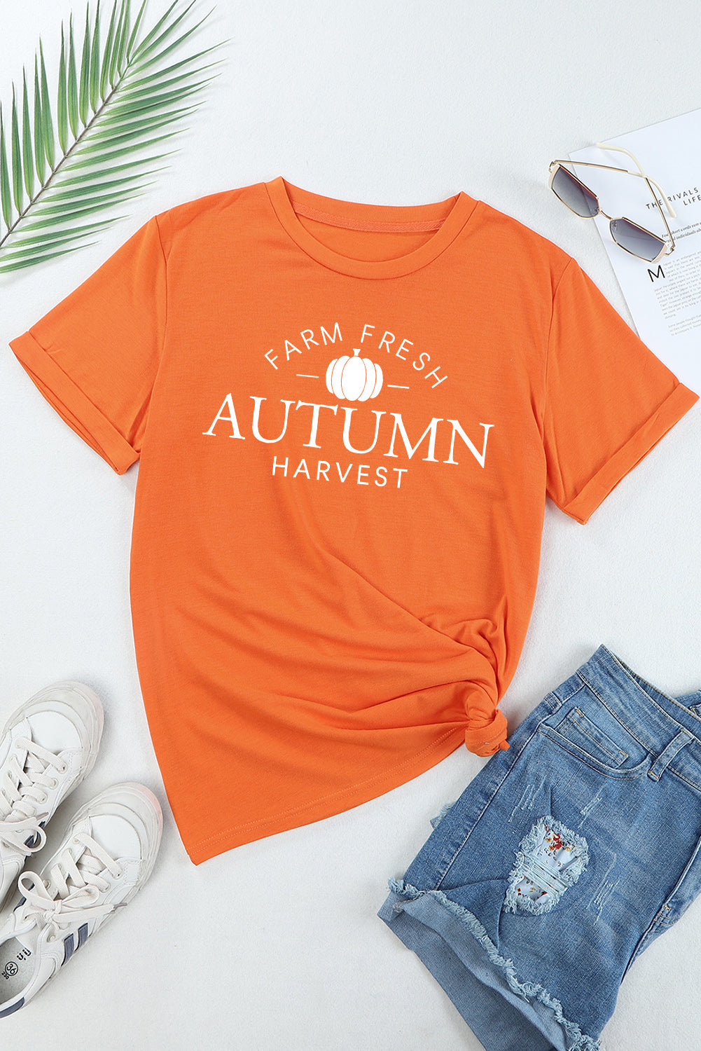 Orange FARM FRESH AUTUMN Harvest Pattern Crew Neck T Shirt