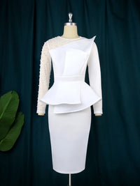 Women White Party Dress Sexy Long Sleeve Beading Mesh Patchwork Peplum Elegant Knee Length Christmas Event Evening African Gowns