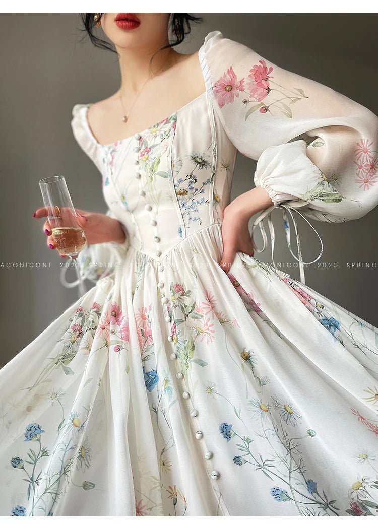 French Vinatge Evening Party Long Dresses for Women Floral A-line Princess Dress Lantern Sleeve Spring Summer Prom Robe Vestidos