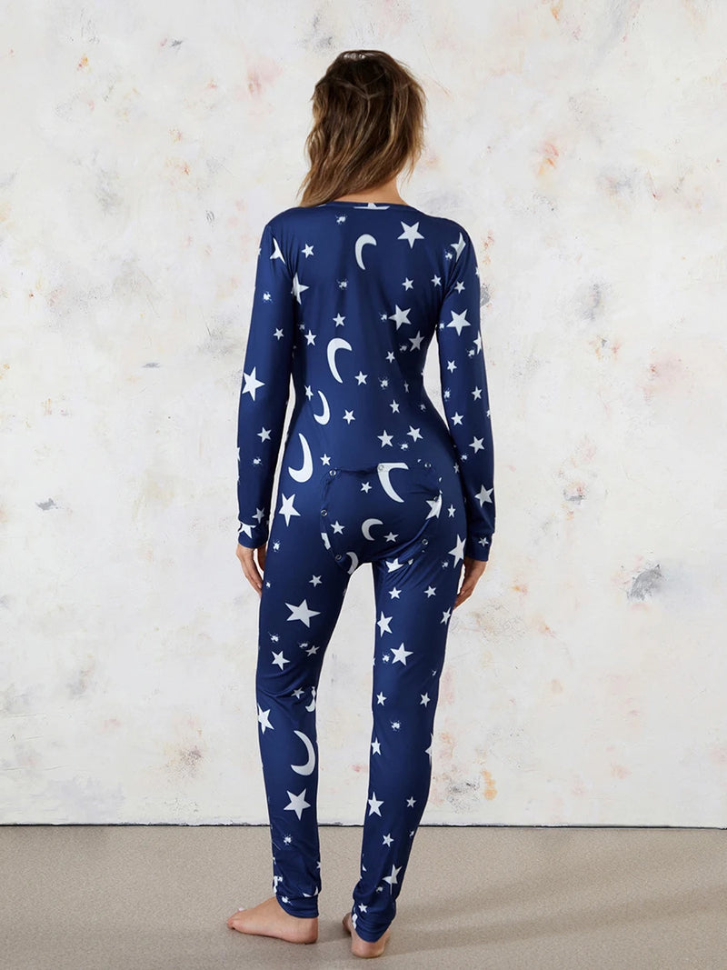 Back Buttoned Flap Pajamas Jumpsuit for Women Christmas Sleepwear Fall Winter Printed Long Sleeve Rompers Loungwear Outfit