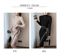 Women Knitted Dress New Autumn Winter Slim Lace-Up Long Sleeve Bottoming Sweater Skirt Elegant Fashion Office Female Vestidos