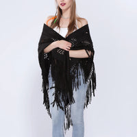 Women's Loose Suede Fringe Open Poncho Cloak Shawl Wrap with Punch Hole Patterns and Graceful Fringes Dropshipping