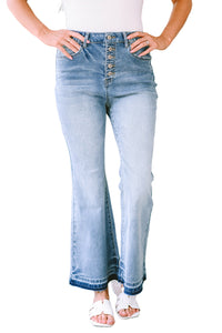 Sky Blue High Waist Buttoned Distressed Flared Jeans