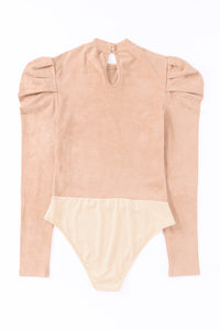 Brown Puff Sleeve Suede Bodysuit