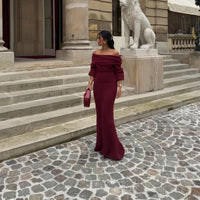 Women Burgundy Knitted Long Sweater Fashion Off-the-shoulder Pullover Long Dress Fall Winter Female Party Commuter Outfit