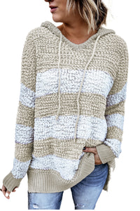 Apricot Color Block Side Slit Knitted Hooded Sweater