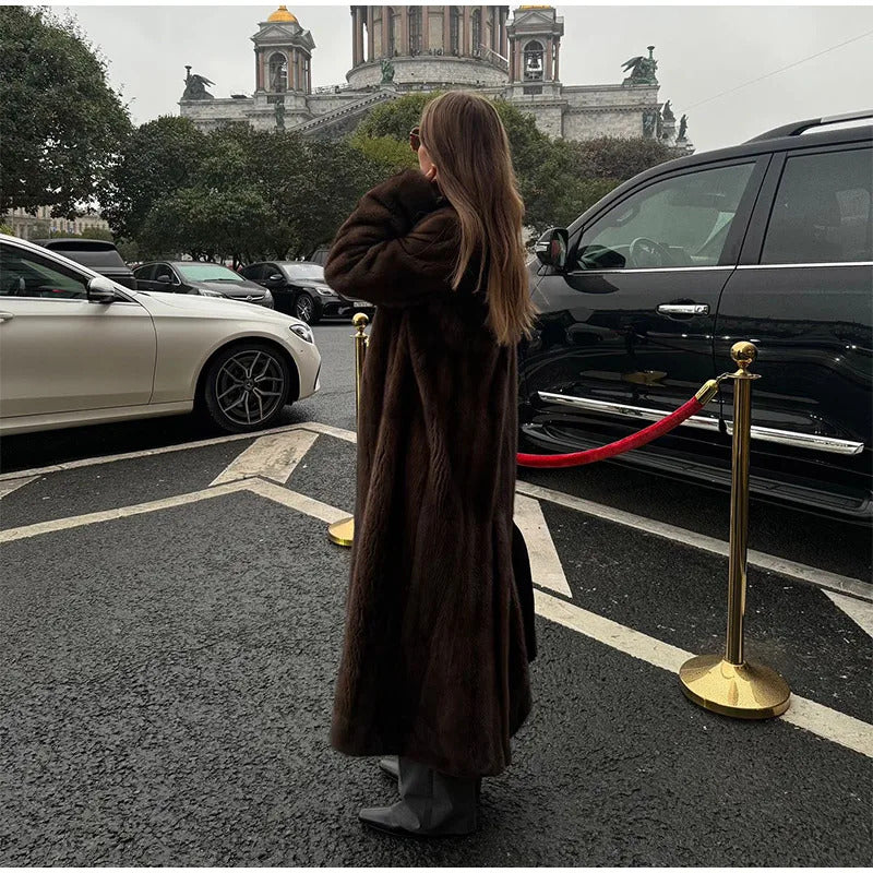 Dark Brown Faux Fur Long Overcoat For Women Fashion Lapel Single Breasted Loose Fluffy Plush Warm Coat Winter Thicken Outerwear