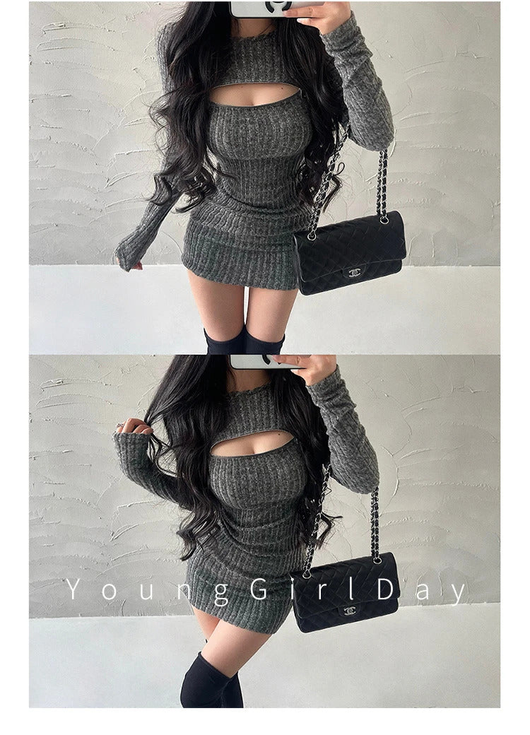 WOMENGAGA Sexy Hollow Zipper Tight Long Sleeved Sweater Knitted Dress Elegant Short Dress Fashion Sweet Kroean Women Top 1S4E