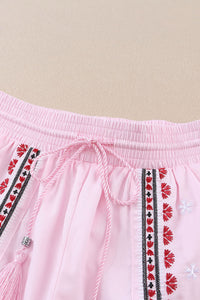 Pink Boho Embroidered Floral Tasseled Drawstring Waist Casual Shorts