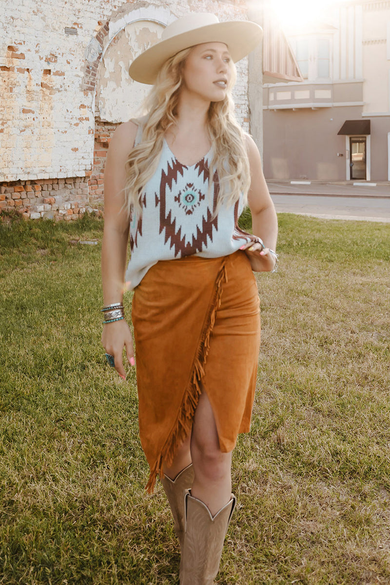 Brown Fringed Wrap Western Midi Skirt