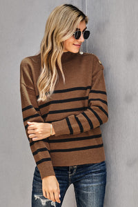 Green Striped Turtleneck Long Sleeve Sweater with Buttons