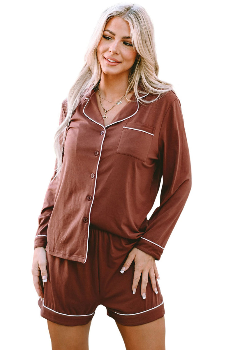 Brown Contrast Pipings Long Sleeve Shorts Pajamas Set