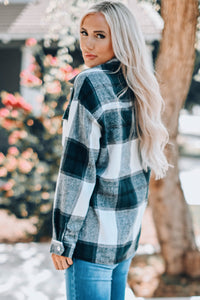 Green Plaid Print Buttoned Shirt Coat with Pocket