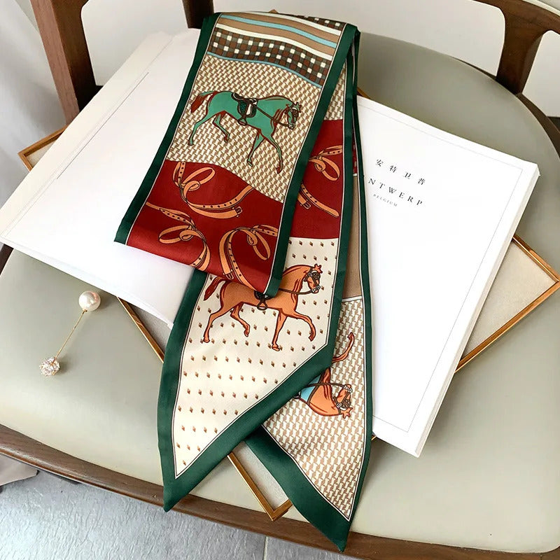 Long Silk Scarf Bag Tie Lady Neck Skinny Scarves Hairband Foulard Horse Print Brand Lady Neckerchief Ribbon 2021 Spring New