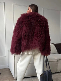 Burgundy Fluffy Faux Fur Warm Short Coat Lady Elegant Round Neck Long Sleeve Cardigan Jacket 2024 Women Winter Street Outerwear