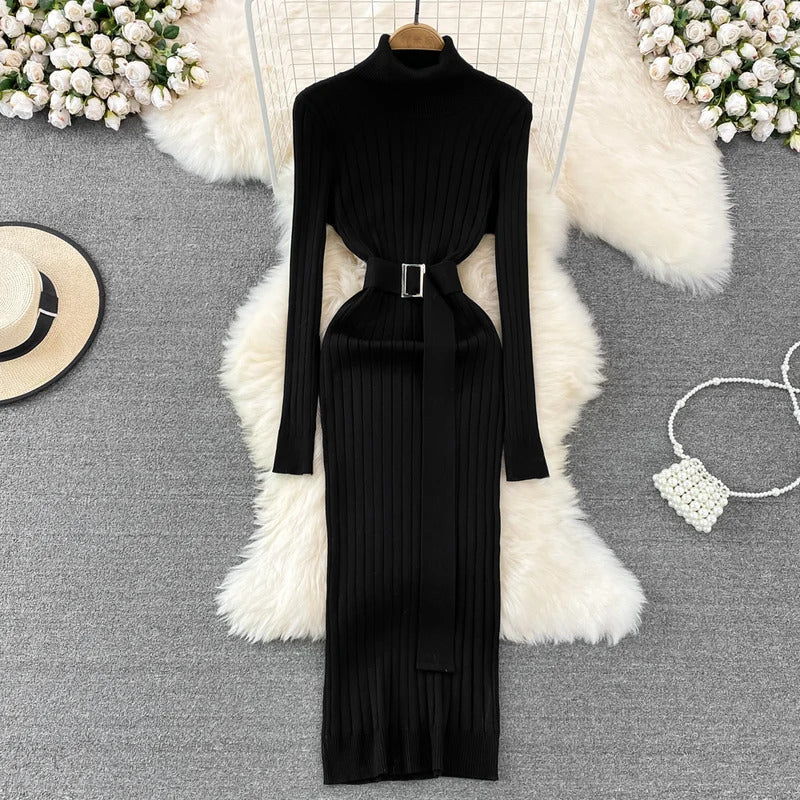 YuooMuoo Ins Hot Turtleneck Sexy Wrap Hips Knitted Dresses Women 2023 Autumn Winter Long Sleeve Bodycon Sweater Dress with Belt