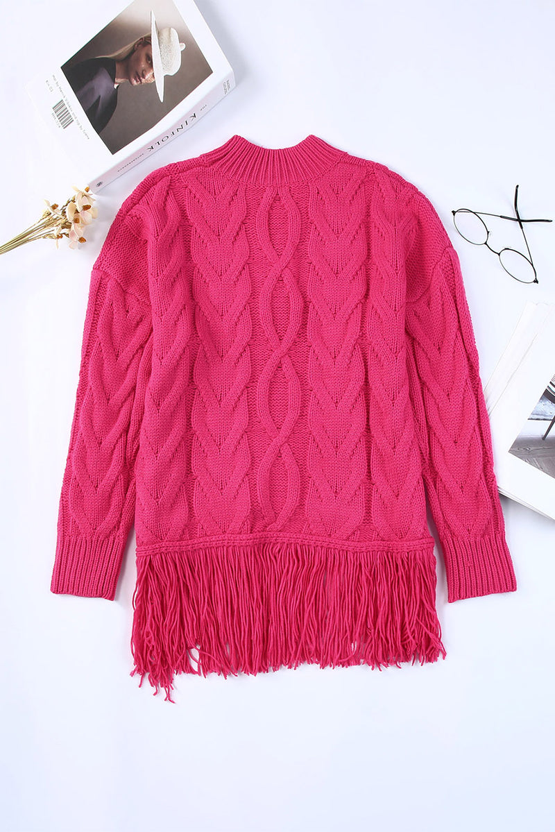 Rose High Neck Cable Knit Tasseled Sweater