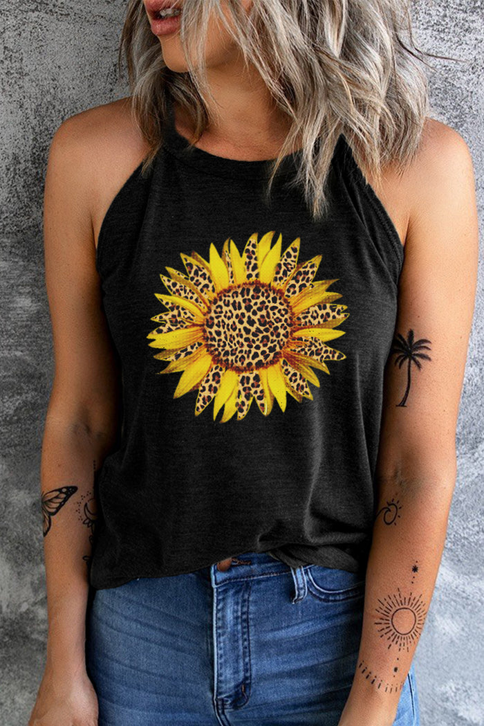 Black Sunflower Leopard Printed Short Sleeve Graphic Tee