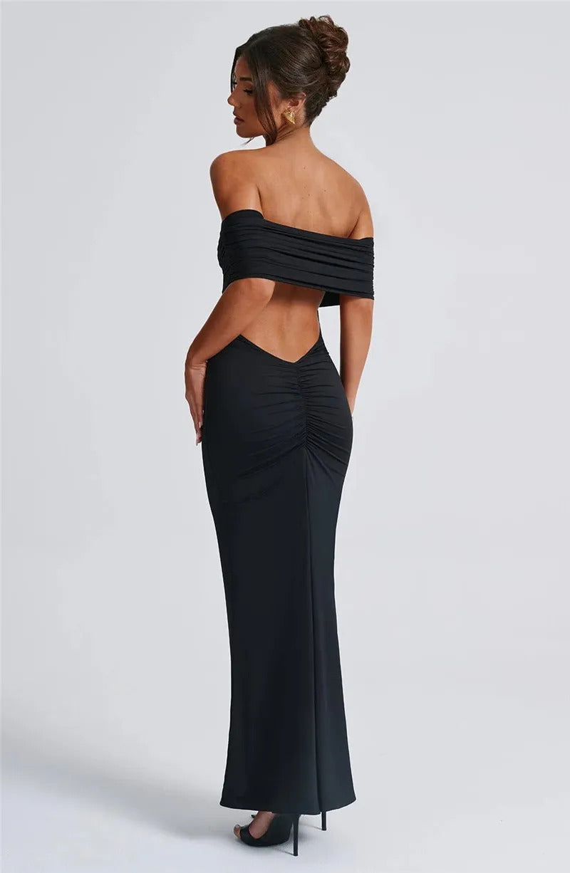 Mozision Strapless Backless Sexy Maxi Dress For Women Black Solid Off-shoulder Sleeveless Bodycon Club Party Long Dress Elegant