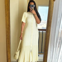 Elegant Knitted Ribbed Long Dress Women Slim Wave O-neck Short Sleeve Hip Package Dresses Female 2024 Summer Lady  Robe