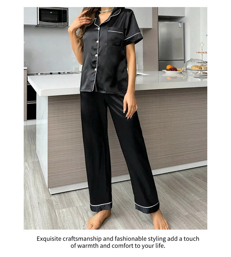 Women's Pajamas Sets Autumn Short Sleeve Buttons Top & Pants Sleepwear 2 Piece Button-Down Pj Set Homewear Satin Loungewear