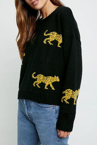 Black Cheetah Pattern Knit Round Neck Sweater