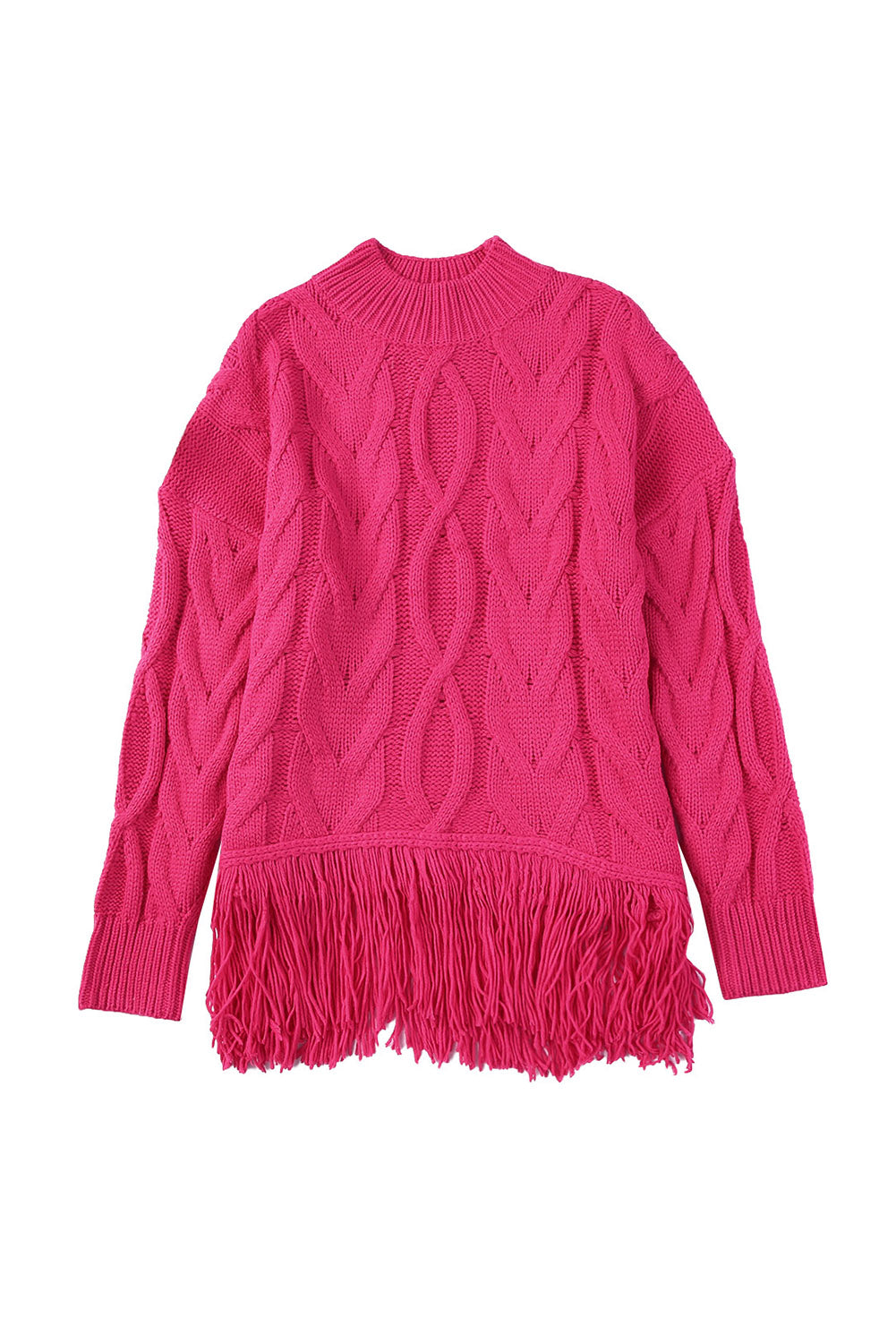 Rose High Neck Cable Knit Tasseled Sweater