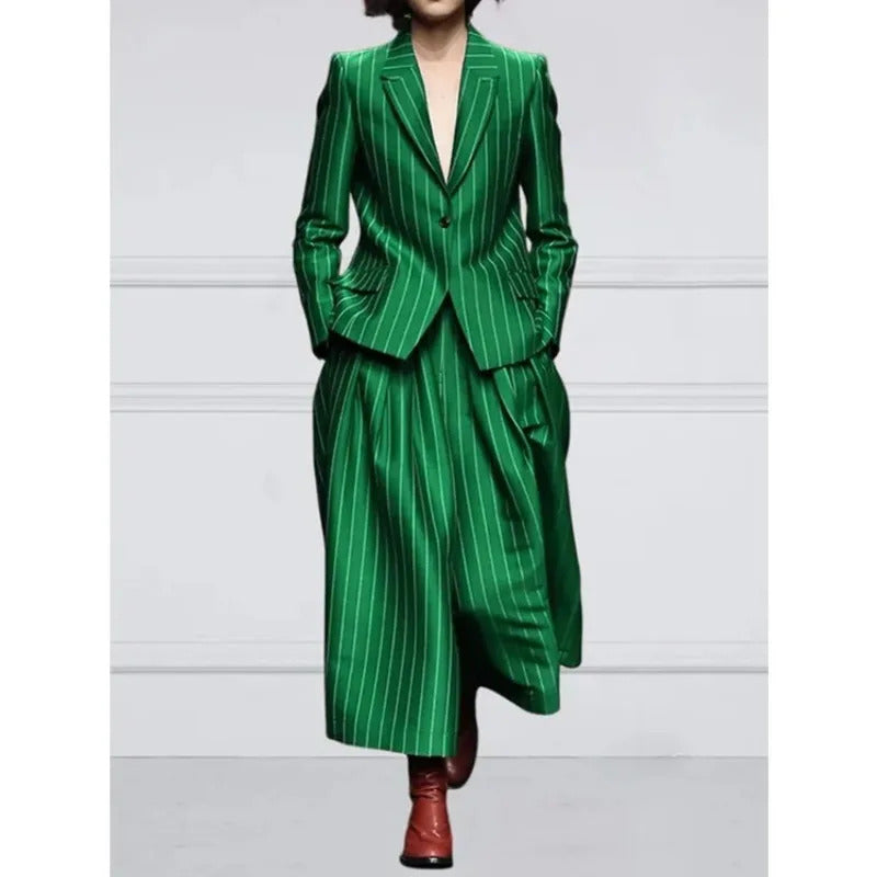 Beautyblue Blazer Set Women Notched Collar Outerwear Striped Trousers New Vintage Loose Wide Leg Long Sleeves Suit Costume Femme