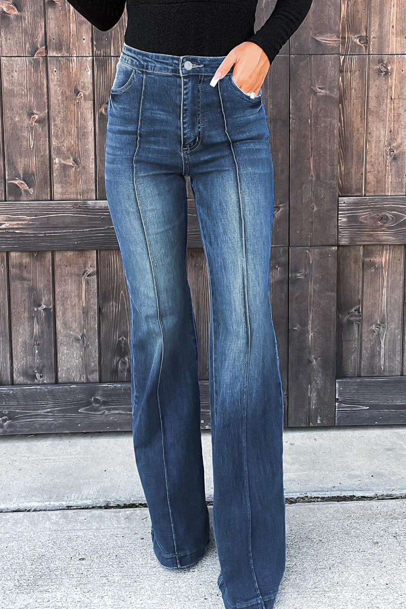 Blue Central Seam Stitching Wide Leg Jeans