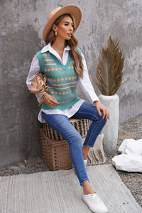 Sky Blue Tribal Print V Neck Knitted Sweater Vest