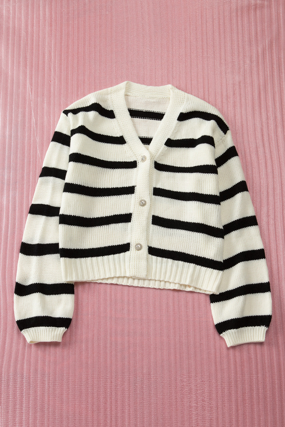 Striped V-Neck Buttoned Open Front Knitted Sweater