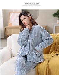 Thickened Warm Coral Velvet Pajamas Women's Autumn and Winter Padded Cartoon Bear Striped Flannel School Pajamas Winter Homewear