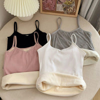 Women Winter Warm Underwear Solid Color Thermal Casual Nightwear Sexy Elasticity Female Thin Velvet T-shirt Sleeveless Tops