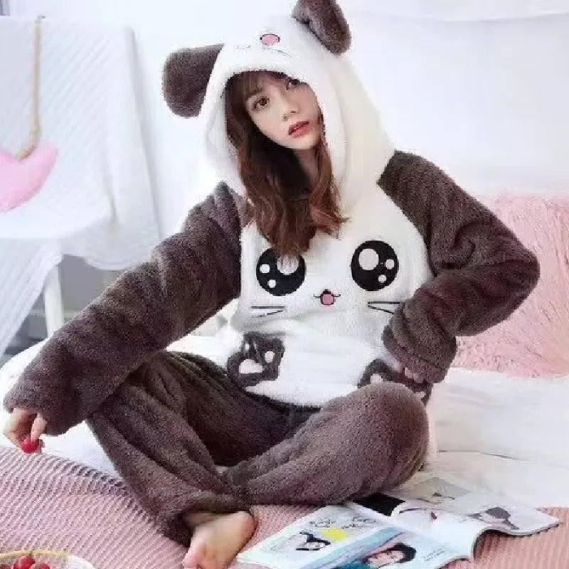 2024 New Coral Fleece Warm Women Pajamas Thickening Hooded Long Sleeve Women 2 Piece Outfit Set Cute Printing Women Home Clothes