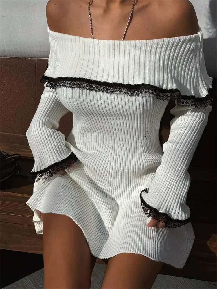 Tossy Knit Off-Shoulder Sweater Mini Dress Women's Lace Patchwork Ribbed Slim Backless Elegant Party Dress Knitwear Mini Dress