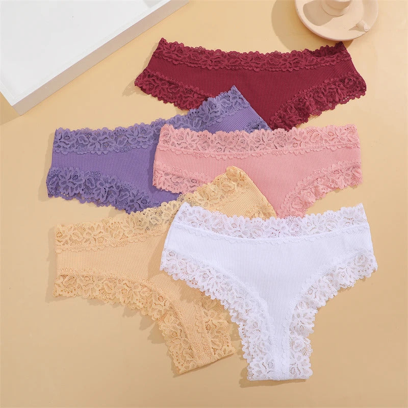 5Pcs/set Women Cotton Panties Floral Lace Intimate Underwear Trendy Patchwork Lace Briefs Female Soft Underpants Lingerie S-XL