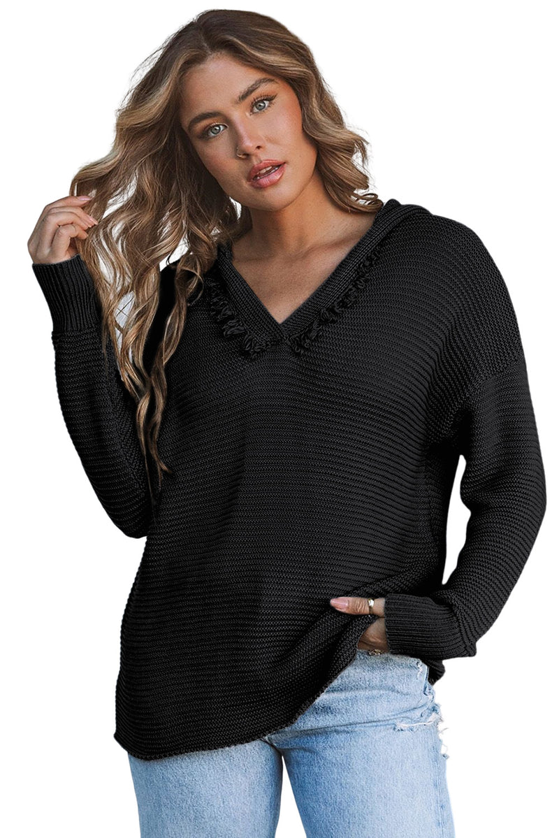 Black V Neck Ribbed Drop Shoulder Hooded Sweater