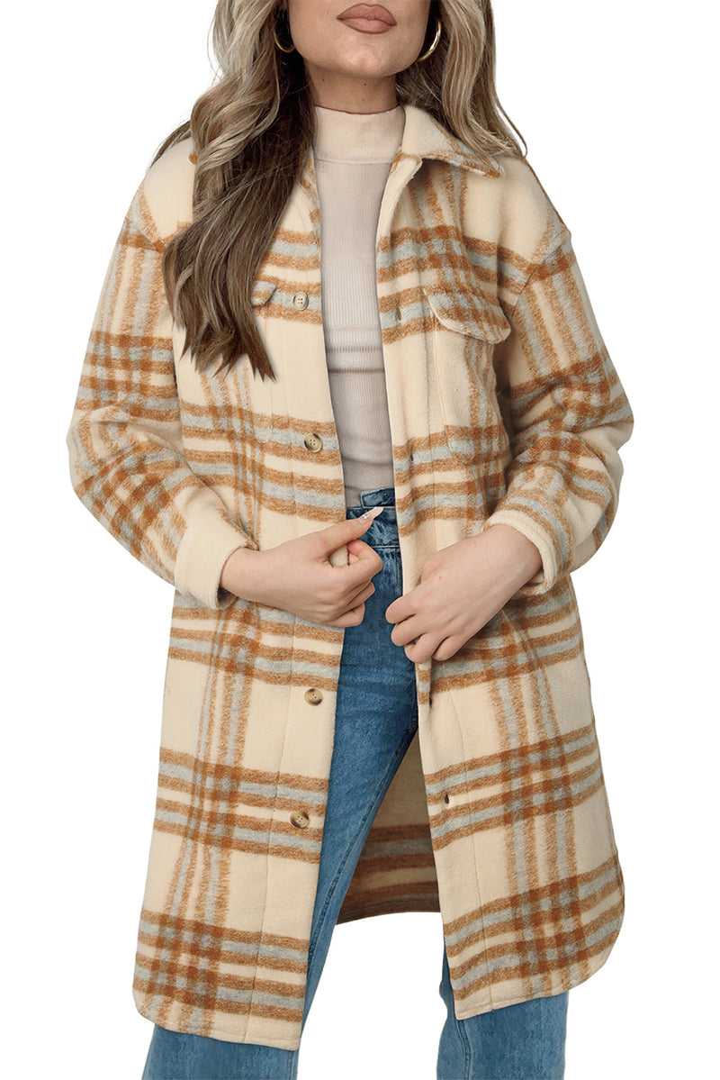 Brown Plaid Print Flap Pockets Button-up Long Jacket