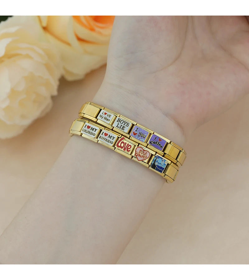 Hapiship Drop Shipping I Love Heart Golden Italian Charm Links Fit 9mm Stainless Steel Bracelet Wholesale Jewelry DJ1404-B