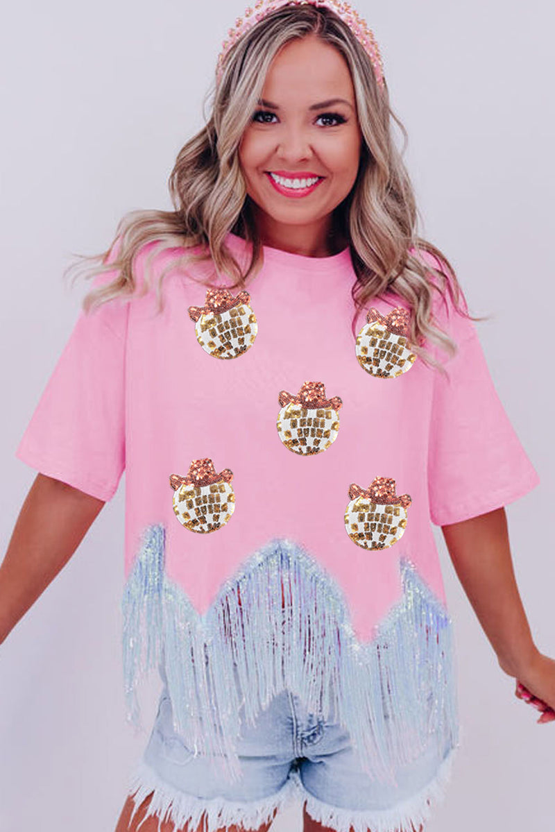 Pink Sequin Pattern Tassel Crew Neck Crop Top