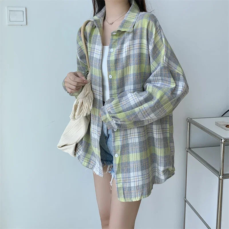 Plaid Shirt Women Autumn Long Sleeve Top Female Vintage Fashion Single Breasted Blouse Ladies Preppy Style Loose Check Shirts