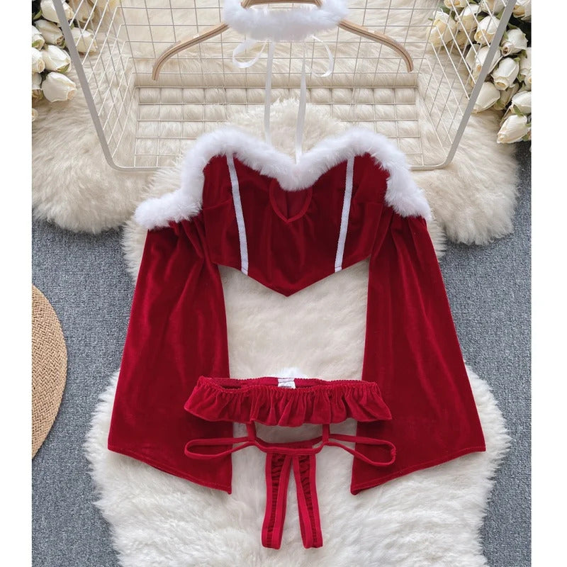 Winter Patchwork Christmas Hotsweet Women's Short Dress Sexy Bodycone Plush Red Dress Cross Strap Halter Neck Erotic Mini Dress