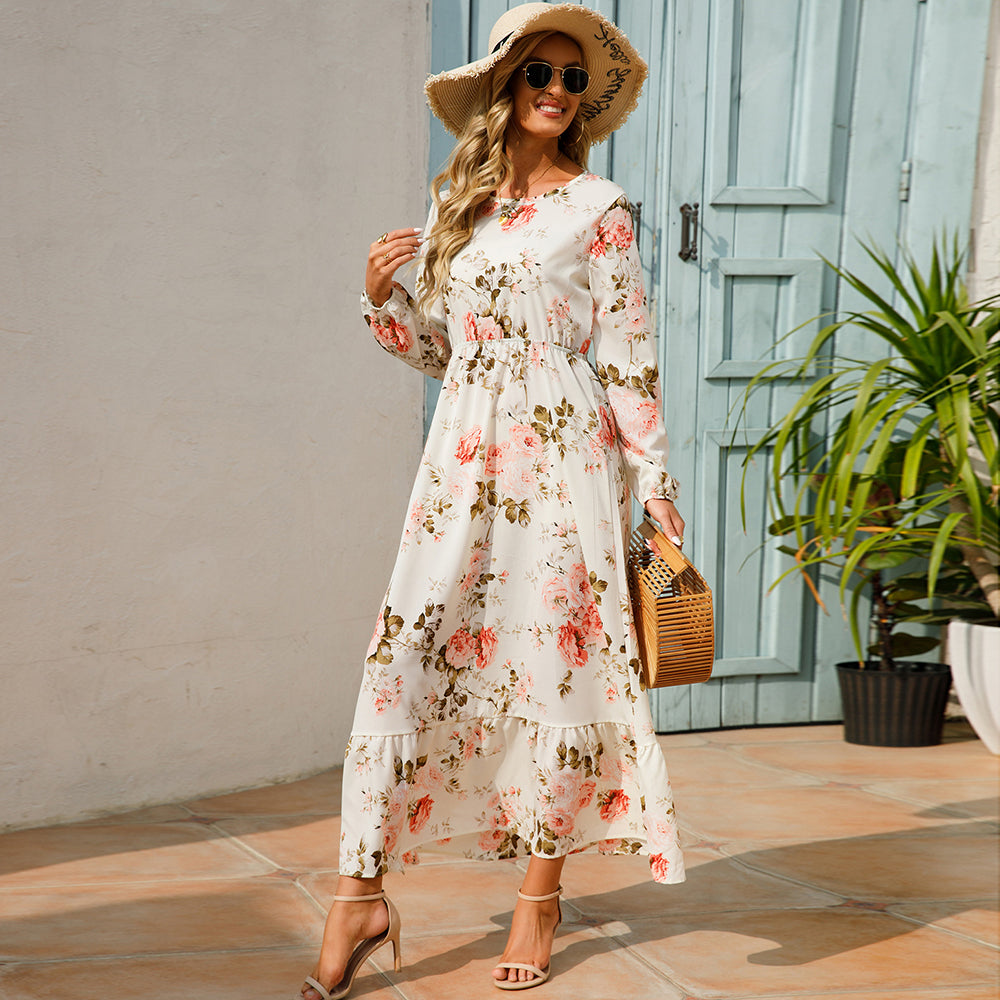 Women Maxi Dresses Sping Autumn Bohemian Casual Full Sleeve High Waist Beach Woman Chiffon Dresses Floral Vestidoes Long Dress