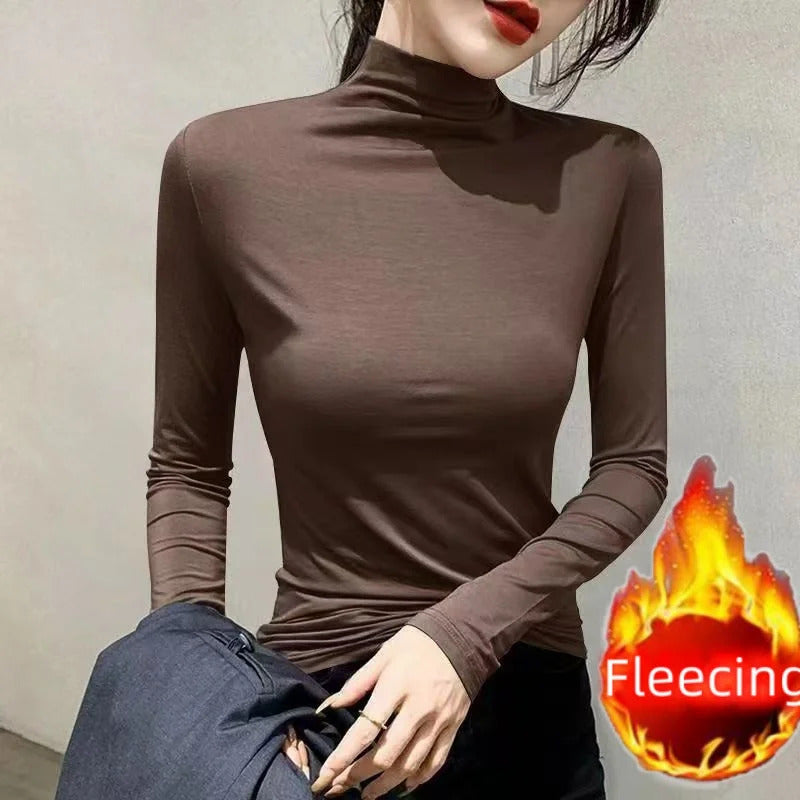 Plus Size Basic All-Match Women T-Shirt High Neck Casual Slim Fit Fleece Warm Autumn Winter Office Lady's Top Elegant Fashion