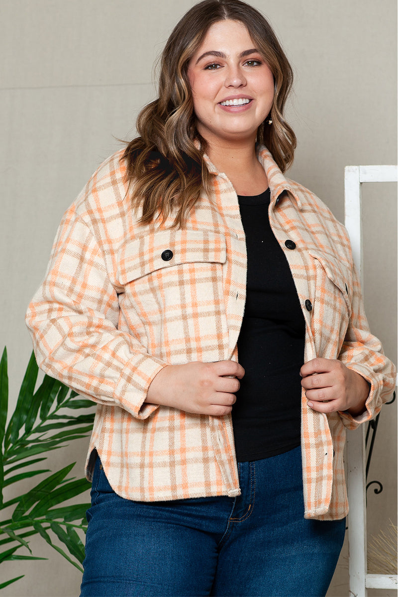 Khaki Plus Size Plaid Jacket with Flap Pockets