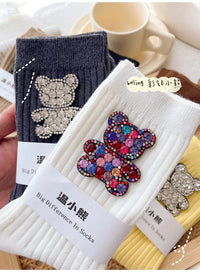 Diamond Cartoon Bear Decorative Socks, Fashionable Diamond Sparkling Women's Socks, Comfortable And Breathable Christmas Socks