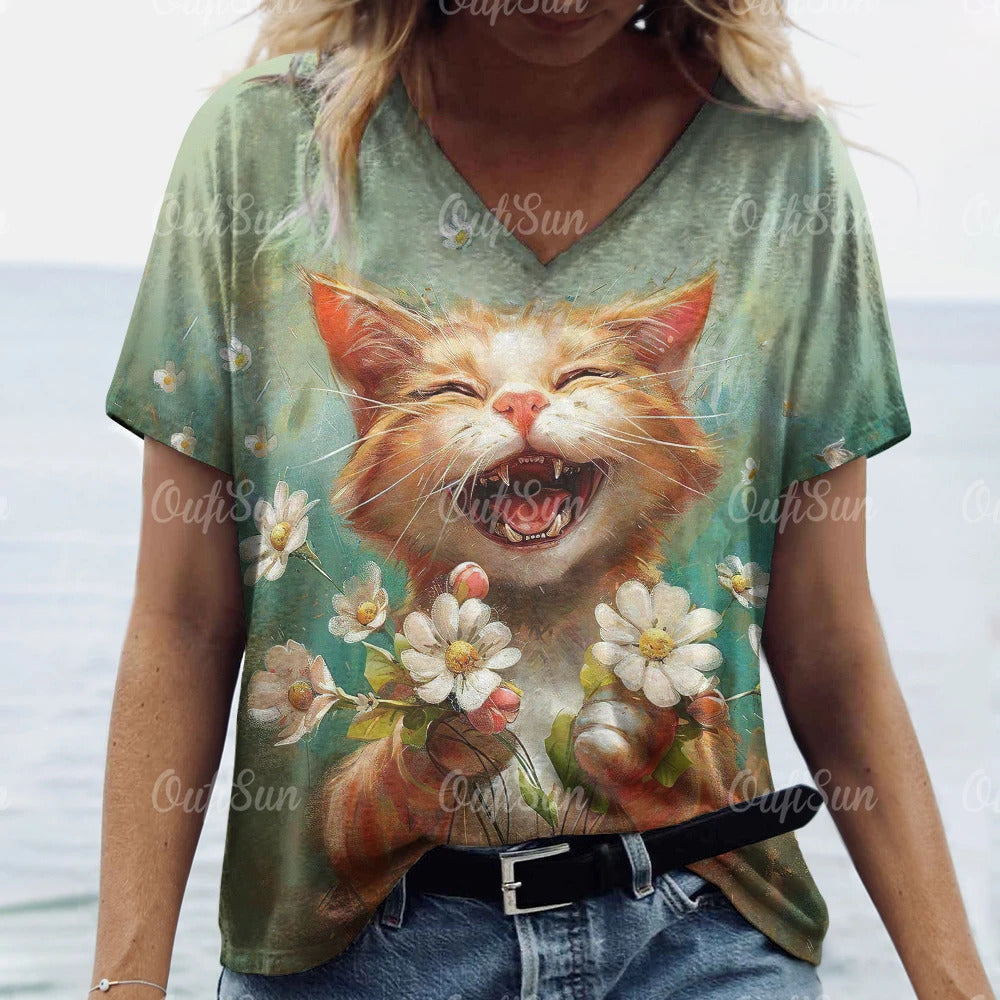 Summer Women's T Shirt Cat Print Casual Short Sleeve 3d T-Shirts Fashion Streetwear Crew Neck Pullover Female Oversized Clothing