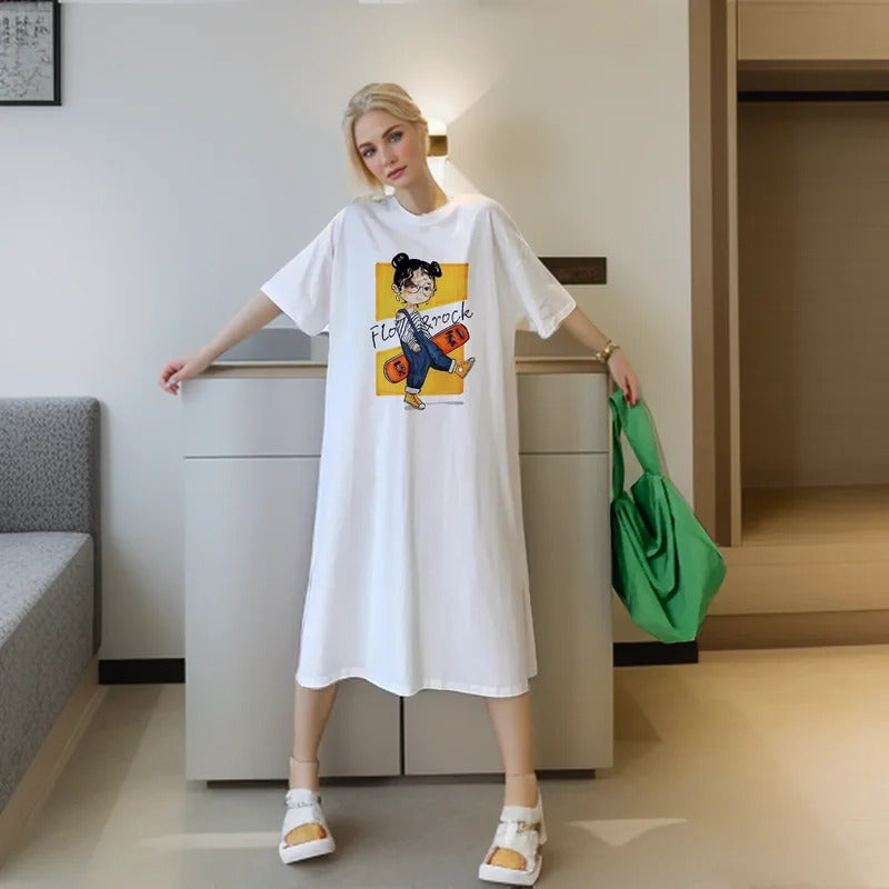 Harajuku Graphic White Long Dress Woman Clothing Y2k Casual Short Sleeve O-Neck Korean Fashion Summer Womens Loose Dresses 2024